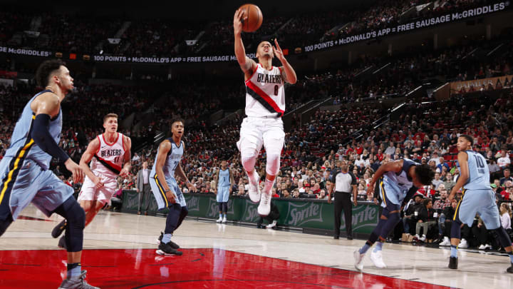 PORTLAND, OR – APRIL 1: Shabazz Napier #6 of the Portland Trail Blazers shoots the ball against the Memphis Grizzlies on April 1, 2018 at the Moda Center Arena in Portland, Oregon. NOTE TO USER: User expressly acknowledges and agrees that, by downloading and or using this photograph, user is consenting to the terms and conditions of the Getty Images License Agreement. Mandatory Copyright Notice: Copyright 2018 NBAE (Photo by Cameron Browne/NBAE via Getty Images)