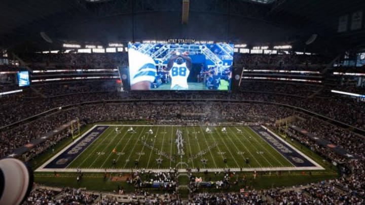 Sep 8, 2013; Arlington, TX, USA; A general view of the the stadium with Dallas Cowboys wide receiver Dez Bryant (88) on the screen before the game between the Dallas Cowboys and New York Giants at AT&T Stadium. The Dallas Cowboys beat the New York Giants 36-31. Mandatory Credit: Tim Heitman-USA TODAY Sports