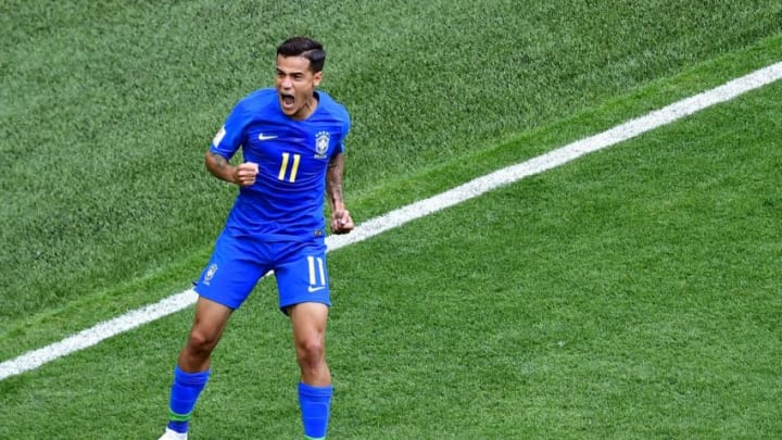 Brazil's forward Philippe Coutinho celebrates after scoring the opening goal during the Russia 2018 World Cup Group E football match between Brazil and Costa Rica at the Saint Petersburg Stadium in Saint Petersburg on June 22, 2018. (Photo by Giuseppe CACACE / AFP) / RESTRICTED TO EDITORIAL USE - NO MOBILE PUSH ALERTS/DOWNLOADS (Photo credit should read GIUSEPPE CACACE/AFP/Getty Images)