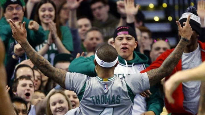 Feb 7, 2016; Boston, MA, USA; The crowd reacts to Boston Celtics guard Isaiah Thomas (4) after he makes a shot against the Sacramento Kings during the first half at TD Garden. Mandatory Credit: Winslow Townson-USA TODAY Sports