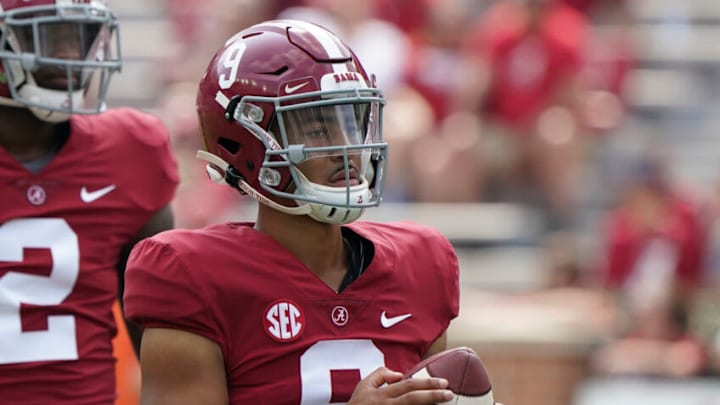 Sep 11, 2021; Tuscaloosa, Alabama, USA; Alabama Crimson Tide quarterback Bryce Young (9) during warm ups at Bryant-Denny Stadium. Mandatory Credit: Marvin Gentry-USA TODAY Sports