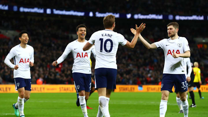 LONDON, ENGLAND - APRIL 30: Harry Kane of Tottenham Hotspur celebrates scoring his side's second goal with team mates Ben Davies, Dele Alli and Heung-Min Son during the Premier League match between Tottenham Hotspur and Watford at Wembley Stadium on April 30, 2018 in London, England. (Photo by Clive Rose/Getty Images)