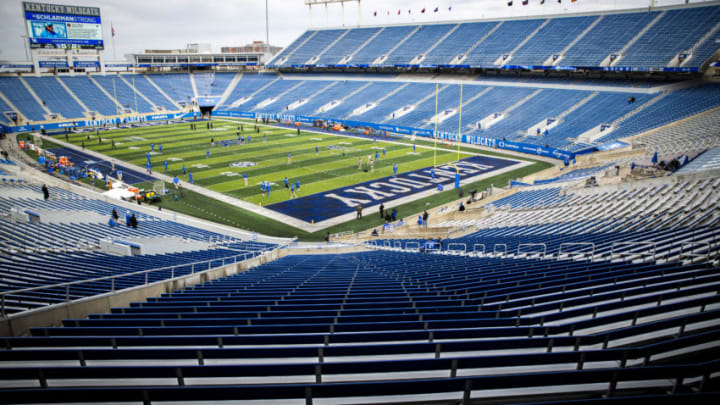 The Kentucky Wildcats and Vanderbilt Commodores practice in a mostly empty stadium prior to kick off at Kroger Field. Mandatory Credit: Arden Barnes-USA TODAY Sports