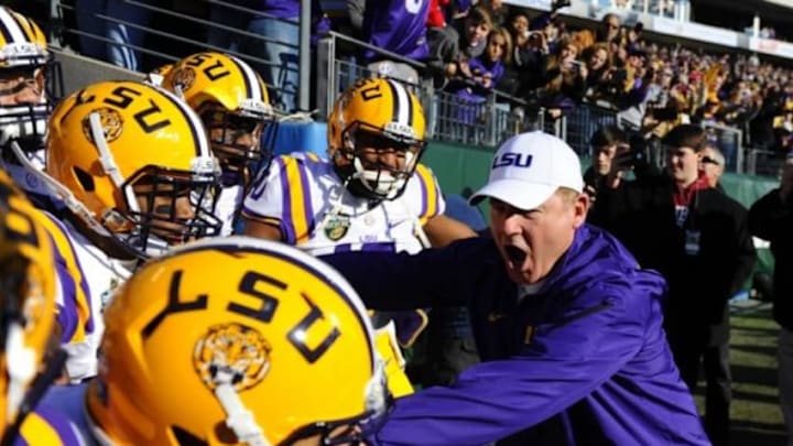 LSU Tigers head coach Les Miles prior to the game against the Notre Dame Fighting Irish in the Music City Bowl at LP Field. Credit: Christopher Hanewinckel-USA TODAY Sports