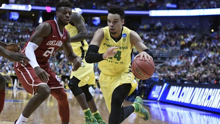 March 26, 2016; Anaheim, CA, USA; Oregon Ducks forward Dillon Brooks (24) moves the ball against Oklahoma Sooners guard Buddy Hield (24) during the first half of the West regional final of the NCAA Tournament at Honda Center. Mandatory Credit: Richard Mackson-USA TODAY Sports