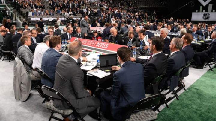 DALLAS, TX - JUNE 22: A general view of the New Jersey Devils draft table is seen during the first round of the 2018 NHL Draft at American Airlines Center on June 22, 2018 in Dallas, Texas. (Photo by Brian Babineau/NHLI via Getty Images)