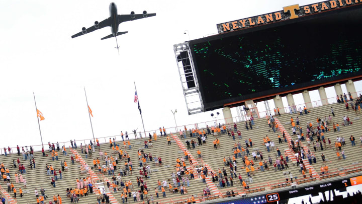 A military craft flies over the stadium leading up to kickoff of a football game between Alabama and Tennessee at Neyland Stadium in Knoxville, Tenn. on Saturday, Oct. 24, 2020.102420 Ut Bama Gameaction