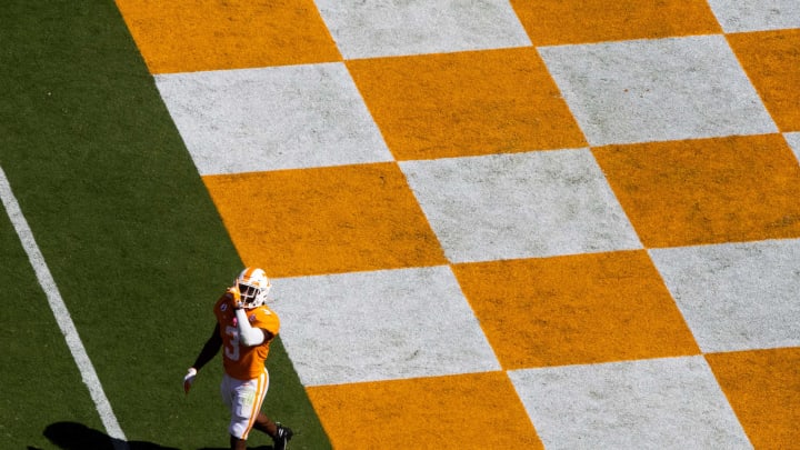 Tennessee running back Eric Gray (3) celebrates a touchdown during a SEC conference football game between the Tennessee Volunteers and the Missouri Tigers held at Neyland Stadium in Knoxville, Tenn., on Saturday, October 3, 2020.Kns Ut Football Missouri Bp