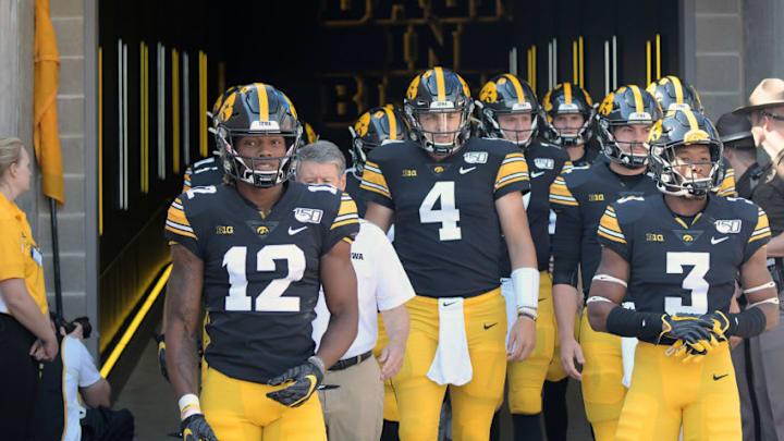 IOWA CITY, IA. - SEPTEMBER 07: The Iowa Hawkeyes take the field before a Big Ten Conference football game between the Rutgers Scarlett Knights and the Iowa Hawkeyes on September 07, 2019, at Kinnick Stadium, Iowa City, IA. (Photo by Keith Gillett/Icon Sportswire via Getty Images)