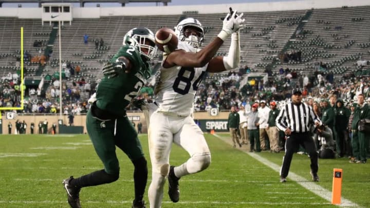 EAST LANSING, MI - NOVEMBER 04: Juwan Johnson #84 of the Penn State Nittany Lions can't make a second half catch next to Justin Layne #2 of the Michigan State Spartans at Spartan Stadium on November 4, 2017 in East Lansing, Michigan. Michigan State won the game 27-24.(Photo by Gregory Shamus/Getty Images)