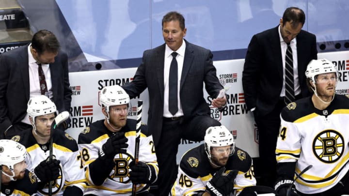 TORONTO, ONTARIO - AUGUST 15: Head coach Bruce Cassidy of the Boston Bruins reacts against the Carolina Hurricanes during the second period in Game Three of the Eastern Conference First Round during the 2020 NHL Stanley Cup Playoffs at Scotiabank Arena on August 15, 2020 in Toronto, Ontario. (Photo by Elsa/Getty Images)