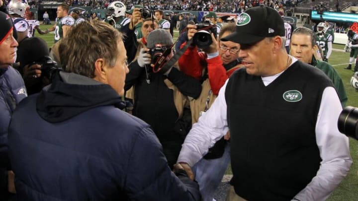 Nov 22, 2012; East Rutherford, NJ, USA; New England Patriots head coach Bill Belichick and New York Jets head coach Rex Ryan shake hands after the game on Thanksgiving at Metlife Stadium. Mandatory Credit: Ed Mulholland-USA TODAY Sports