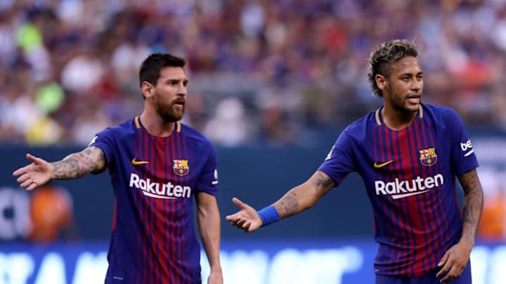 EAST RUTHERFORD, NJ - JULY 22: Lionel Messi #10 and Neymar #11 of Barcelona react to the way Juventus lined up for a kick in the first half during the International Champions Cup 2017 on July 22, 2017 at MetLife Stadium in East Rutherford, New Jersey. (Photo by Elsa/Getty Images)