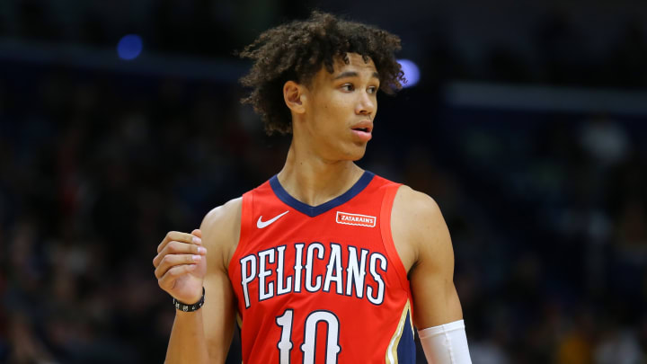 NEW ORLEANS, LOUISIANA – OCTOBER 31: Jaxson Hayes #10 of the New Orleans Pelicans reacts during a game against the Denver Nuggets at the Smoothie King Center on October 31, 2019 in New Orleans, Louisiana. NOTE TO USER: User expressly acknowledges and agrees that, by downloading and or using this Photograph, user is consenting to the terms and conditions of the Getty Images License Agreement. (Photo by Jonathan Bachman/Getty Images)