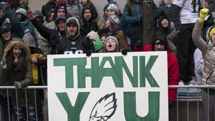 PHILADELPHIA, PA - FEBRUARY 08: Philadelphia Eagles fans celebrate during the Super Bowl LII parade on February 8, 2018 in Philadelphia, Pennsylvania. (Photo by Mitchell Leff/Getty Images)