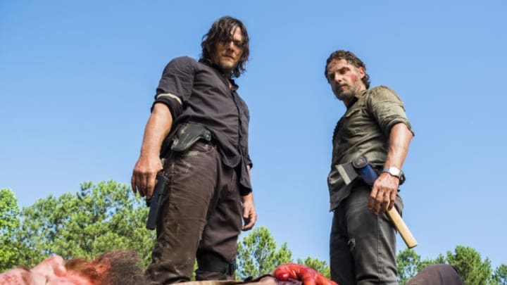 Charles Halford as Yago, Norman Reedus as Daryl Dixon, Andrew Lincoln as Rick Grimes - The Walking Dead _ Season 8, Episode 5 - Photo Credit: Gene Page/AMC