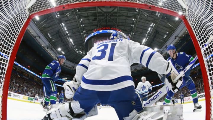 VANCOUVER, BC - DECEMBER 10: Brock Boeser #6 of the Vancouver Canucks takes a shot on Frederik Andersen #31 of the Toronto Maple Leafs during their NHL game at Rogers Arena December 10, 2019 in Vancouver, British Columbia, Canada. Toronto won 4-1. (Photo by Jeff Vinnick/NHLI via Getty Images)