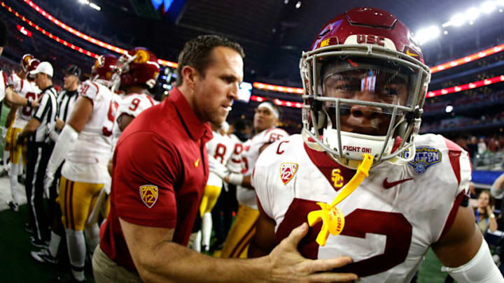 ARLINGTON, TX - DECEMBER 29: Uchenna Nwosu #42 of the USC Trojans looks on after participating in a skirmish in the second half of the 82nd Goodyear Cotton Bowl Classic between USC and Ohio State at AT&T Stadium on December 29, 2017 in Arlington, Texas. Ohio State won 24-7. (Photo by Ron Jenkins/Getty Images)