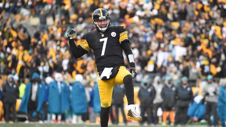 Jan 8, 2017; Pittsburgh, PA, USA; Pittsburgh Steelers quarterback Ben Roethlisberger (7) celebrates after a touchdown pass against the Miami Dolphins during the second half in the AFC Wild Card playoff football game at Heinz Field. Mandatory Credit: James Lang-USA TODAY Sports