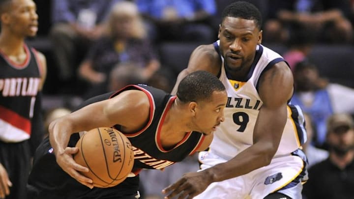 Nov 6, 2016; Memphis, TN, USA; Memphis Grizzlies guard Tony Allen (9) guards Portland Trail Blazers guard C.J. McCollum (3) during the second half at FedExForum. Portland Trail Blazers defeats Memphis Grizzlies 100-94. Mandatory Credit: Justin Ford-USA TODAY Sports