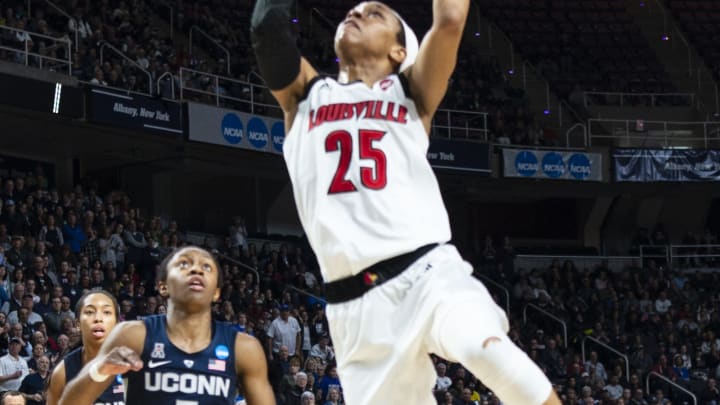 ALBANY, NY – MARCH 31: Louisville Cardinals Guard Asia Durr (25) goes up for a layup during the second half of the game between the Connecticut Huskies and the Louisville Cardinals on March 31, 2019, at the Times Union Center in Albany NY. (Photo by Gregory Fisher/Icon Sportswire via Getty Images)