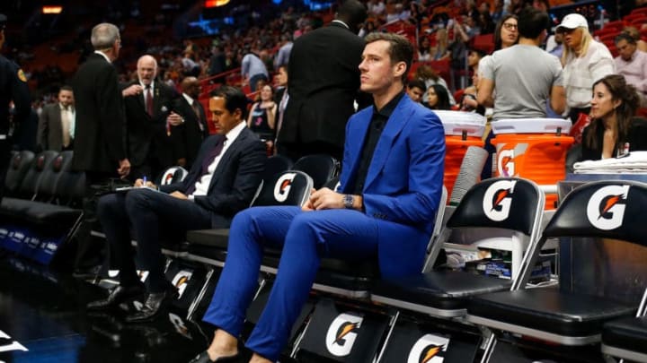 MIAMI, FL - NOVEMBER 09: Goran Dragic #7 of the Miami Heat looks on prior to the game against the Indiana Pacers at American Airlines Arena on November 9, 2018 in Miami, Florida. NOTE TO USER: User expressly acknowledges and agrees that, by downloading and or using this photograph, User is consenting to the terms and conditions of the Getty Images License Agreement. (Photo by Michael Reaves/Getty Images)