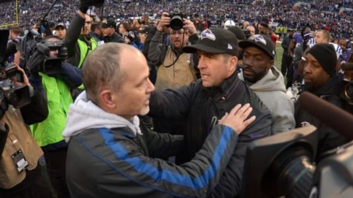 Jan 6, 2013; Baltimore, MD, USA; Baltimore Ravens coach John Harbaugh (left) and Indianapolis Colts coach Chuck Pagano after the AFC Wild Card playoff game at M&T Bank Stadium. The Ravens defeated the Colts 24-9. Mandatory Credit: Kirby Lee/Image of Sport-USA TODAY Sports