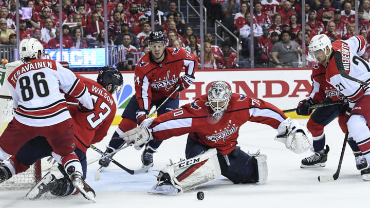 WASHINGTON, DC – APRIL 20:Washington Capitals goaltender Braden Holtby (70) make a save during the second period of Game Five of the first round of the Stanley Cup Playoffs between the Washington Capitals and the Carolina Hurricanes on Saturday, April 20, 2019. (Photo by Toni L. Sandys/The Washington Post via Getty Images)