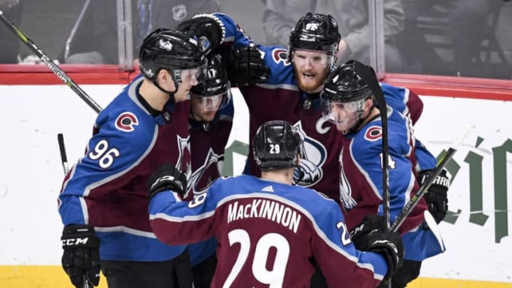 DENVER, CO - APRIL 18: Gabriel Landeskog (92) of the Colorado Avalanche celebrates his 3-1 Avalanche goal with teammates against the Nashville Predators during the third period of the Predators' 3-2 win on Wednesday, April 18, 2018. The Colorado Avalanche hosted the Nashville Predators. (Photo by AAron Ontiveroz/The Denver Post via Getty Images)