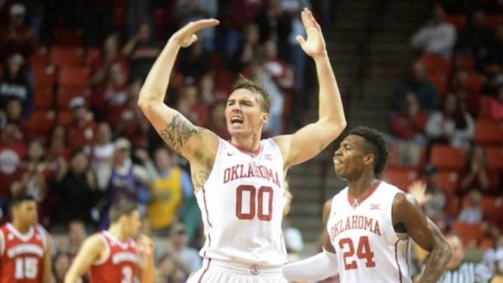Nov 29, 2015; Norman, OK, USA; Oklahoma Sooners forward Ryan Spangler (00) and guard Buddy Hield (24) react after a play against the Wisconsin Badgers during the first half at Lloyd Noble Center. Mandatory Credit: Mark D. Smith-USA TODAY Sports