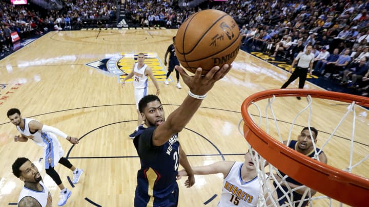 Apr 7, 2017; Denver, CO, USA; New Orleans Pelicans forward Anthony Davis (23) drives to the net for a layup in the third quarter against the Denver Nuggets at the Pepsi Center. The Nuggets won 122-106. Mandatory Credit: Isaiah J. Downing-USA TODAY Sports