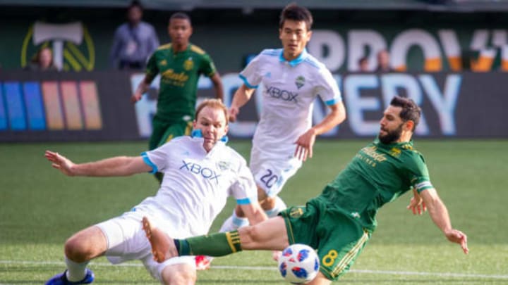 PORTLAND, OR – NOVEMBER 04: Seattle Sounders defender Chad Marshall (14) anticipates Portland Timbers midfielder Diego Valeri (8) during the Portland Timbers first leg of the MLS Western Conference Semifinals against the Seattle Sounders on November 04, 2018, at Providence Park in Portland, OR. (Photo by Diego Diaz/Icon Sportswire via Getty Images)