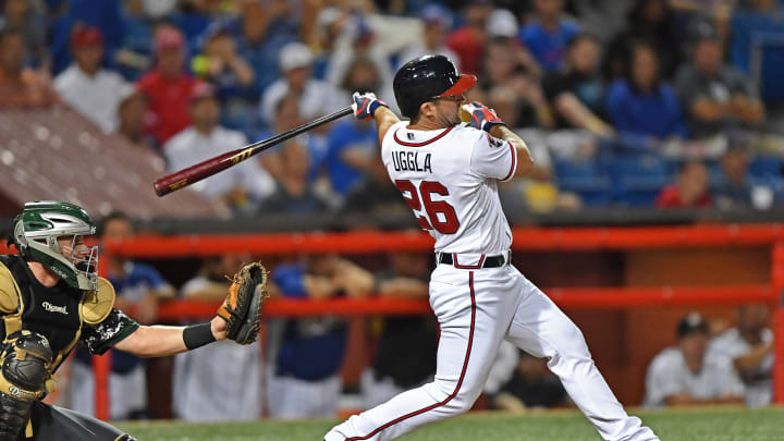 WICHITA, KS – AUGUST 06: Second basemen Dan Uggla #26 of the Kansas Stars drives in a run with a hit against the Colorado Xpress in the seventh inning during the NBC World Series on August 6, 2016, at Lawrence-Dumont Stadium in Wichita, Kansas. (Photo by Peter Aiken/Getty Images)