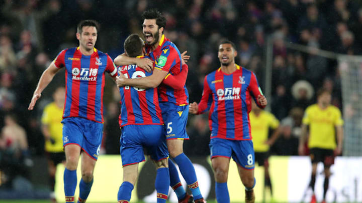 LONDON, ENGLAND - DECEMBER 12: James McArthur of Crystal Palace celebrates after scoring his sides second goal with James Tomkins during the Premier League match between Crystal Palace and Watford at Selhurst Park on December 12, 2017 in London, England. (Photo by Dan Istitene/Getty Images)