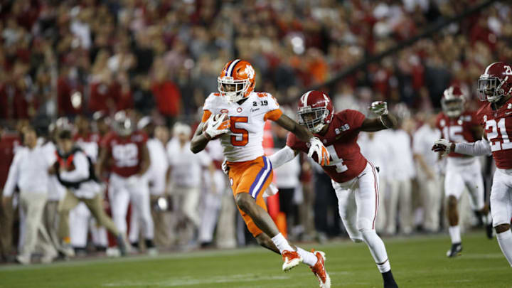 SANTA CLARA, CA - JANUARY 07: Tee Higgins #5 of the Clemson Tigers runs after making a reception against the Alabama Crimson Tide in the CFP National Championship presented by AT&T at Levi's Stadium on January 7, 2019 in Santa Clara, California (Photo by Michael Zagaris/Getty Images) SANTA CLARA, CA - JANUARY 07: Tee Higgins #5 of the Clemson Tigers runs after making a reception against the Alabama Crimson Tide in the CFP National Championship presented by AT&T at Levi's Stadium on January 7, 2019 in Santa Clara, California (Photo by Michael Zagaris/Getty Images)