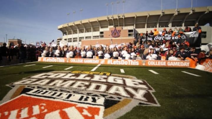 Nov 30, 2013; Auburn, AL, USA; Auburn Tigers cheerleaders at ESPN College Gameday prior to the game against the Alabama Crimson Tide at Jordan Hare Stadium. Mandatory Credit: Shanna Lockwood-USA TODAY Sports