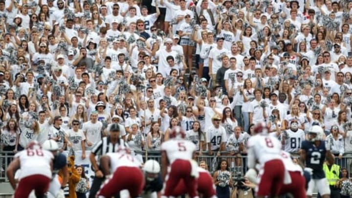 Sep 17, 2016; University Park, PA, USA; The Penn State student section cheers during the fourth quarter against the Temple Owls at Beaver Stadium. Penn State defeated Temple 34-27. Mandatory Credit: Matthew O