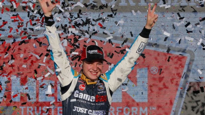 PHOENIX, AZ - NOVEMBER 10: Christopher Bell, driver of the #20 GameStop Just Cause 4 Toyota, celebrates in Victory Lane after winning the NASCAR Xfinity Series Whelen Trusted To Perform 200 at ISM Raceway on November 10, 2018 in Phoenix, Arizona. (Photo by Jonathan Ferrey/Getty Images)