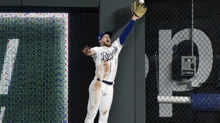 KANSAS CITY, MO - AUGUST 31: Right fielder Brett Phillips #14 of the Kansas City Royals catches a ball hit by Trey Mancini of the Baltimore Orioles in the sixth inning at Kauffman Stadium on August 31, 2018 in Kansas City, Missouri. Mancini's sacrifice fly scored Cedric Mullins. (Photo by Ed Zurga/Getty Images)