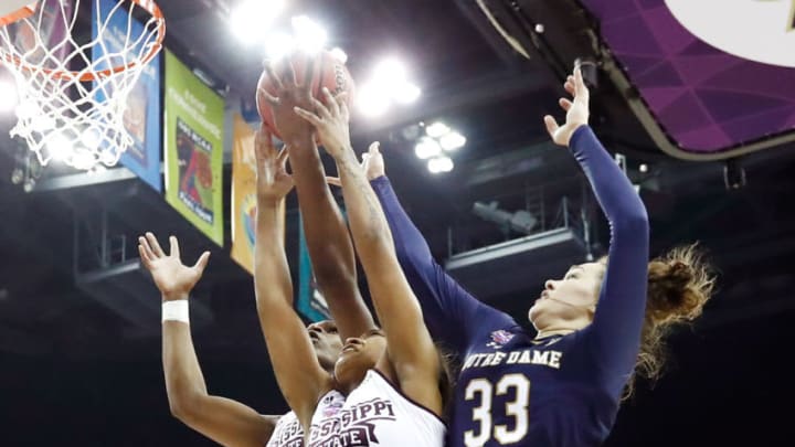 COLUMBUS, OH - APRIL 01: Teaira McCowan #15 and Victoria Vivians #35 of the Mississippi State Lady Bulldogs battle for the rebound with Kathryn Westbeld #33 of the Notre Dame Fighting Irish during the second quarter in the championship game of the 2018 NCAA Women's Final Four at Nationwide Arena on April 1, 2018 in Columbus, Ohio. (Photo by Andy Lyons/Getty Images)