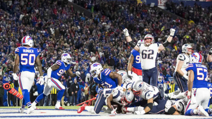ORCHARD PARK, NY - OCTOBER 29: James White #28 of the New England Patriots scores a running touchdown during the fourth quarter against the Buffalo Bills at New Era Field on October 29, 2018 in Orchard Park, New York. New England defeats Buffalo 25-6. (Photo by Brett Carlsen/Getty Images)