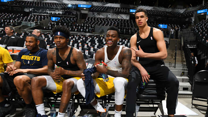 SAN ANTONIO, TX - APRIL 18: Brandon Goodwin #6, Jarred Vanderbilt #8 and Michael Porter Jr. #1 of the Denver Nuggets as seen during the game against the San Antonio Spurs during Game Three of Round One of the 2019 NBA Playoffs on April 18, 2019 at the AT&T Center in San Antonio, Texas. NOTE TO USER: User expressly acknowledges and agrees that, by downloading and/or using this photograph, user is consenting to the terms and conditions of the Getty Images License Agreement. Mandatory Copyright Notice: Copyright 2019 NBAE (Photo by Garrett Ellwood/NBAE via Getty Images)