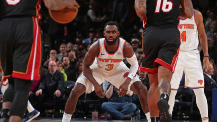 NEW YORK, NY – APRIL 6: Tim Hardaway Jr. #3 of the New York Knicks plays the defense during the game against the Miami Heat on April 6, 2018 at Madison Square Garden in New York City, New York. NOTE TO USER: User expressly acknowledges and agrees that, by downloading and or using this photograph, User is consenting to the terms and conditions of the Getty Images License Agreement. Mandatory Copyright Notice: Copyright 2018 NBAE (Photo by Nathaniel S. Butler/NBAE via Getty Images)