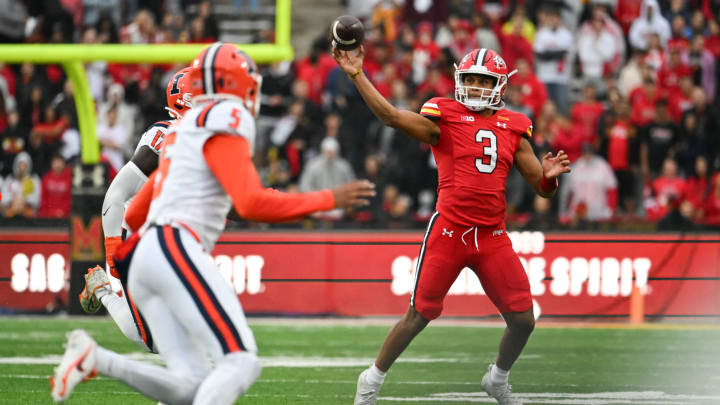 Oct 14, 2023; College Park, Maryland, USA; Maryland Terrapins quarterback Taulia Tagovailoa (3) throws on the run during the first half against the Illinois Fighting Illini at SECU Stadium. Mandatory Credit: Tommy Gilligan-USA TODAY Sports