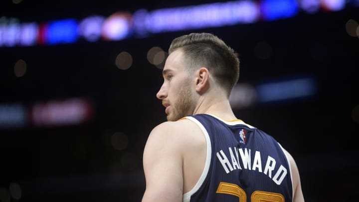 April 18, 2017; Los Angeles, CA, USA; Utah Jazz forward Gordon Hayward (20) during a stoppage in play against the Los Angeles Clippers in the second half in game two of the first round of the 2017 NBA Playoffs at Staples Center. Mandatory Credit: Gary A. Vasquez-USA TODAY Sports