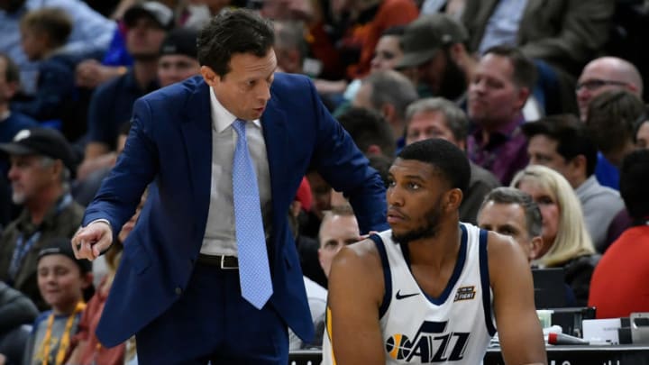 SALT LAKE CITY, UT - OCTOBER 05: Head coach Quin Synder of the Utah Jazz talks with Tony Bradley #13 of the Utah Jazz in the second half of a preseason NBA game at Vivint Smart Home Arena on October 5, 2018 in Salt Lake City, Utah. NOTE TO USER: User expressly acknowledges and agrees that, by downloading and or using this photograph, User is consenting to the terms and conditions of the Getty Images License Agreement. (Photo by Gene Sweeney Jr./Getty Images)
