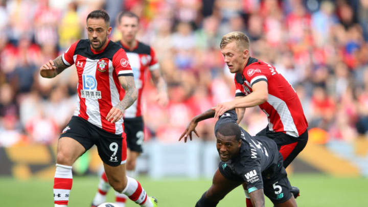 SOUTHAMPTON, ENGLAND - AUGUST 17: Georginio Wijnaldum of Liverpool competes for the ball with Danny Ings of Southampton and James Ward-Prowse of Southampton during the Premier League match between Southampton FC and Liverpool FC at St Mary's Stadium on August 17, 2019 in Southampton, United Kingdom. (Photo by Warren Little/Getty Images)