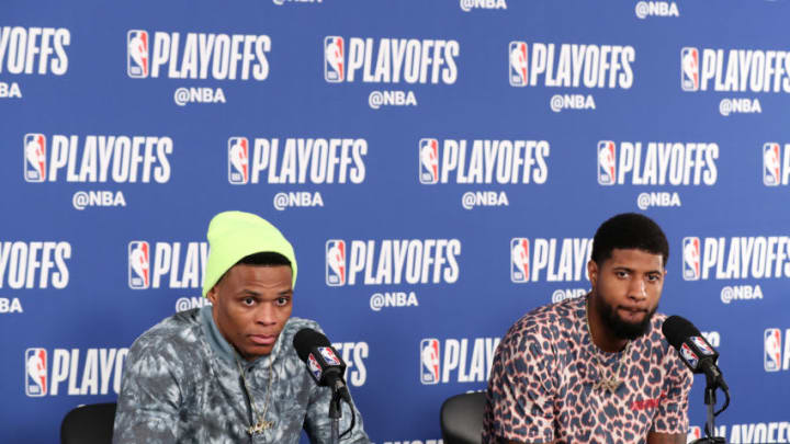 OKC Thunder guard Russell Westbrook and forward Paul George (Photo by Joe Murphy/NBAE via Getty Images)