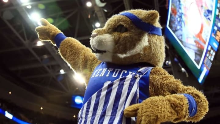 Mar 28, 2015; Cleveland, OH, USA; Kentucky Wildcats mascot prior to the game against the Notre Dame Fighting Irish in the finals of the midwest regional of the 2015 NCAA Tournament at Quicken Loans Arena. Mandatory Credit: Andrew Weber-USA TODAY Sports