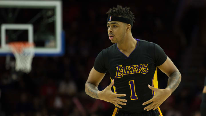 Dec 16, 2016; Philadelphia, PA, USA; Los Angeles Lakers guard D'Angelo Russell (1) gestures in a game against the Philadelphia 76ers during the second half at Wells Fargo Center. The Los Angeles Lakers won 100-89. Mandatory Credit: Bill Streicher-USA TODAY Sports